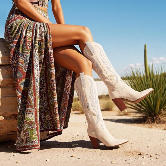⚡Women's Beige Western Cowgirl Boot Suede Knee High Boot Rhinestones Embroidered - Picture 2 of 6